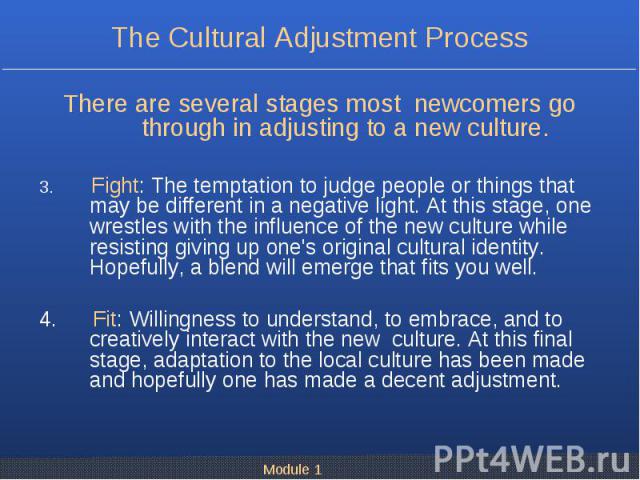There are several stages most newcomers go through in adjusting to a new culture. 3.       Fight: The temptation to judge people or things that may be different in a negative light. At this stage, one wrestles with the …