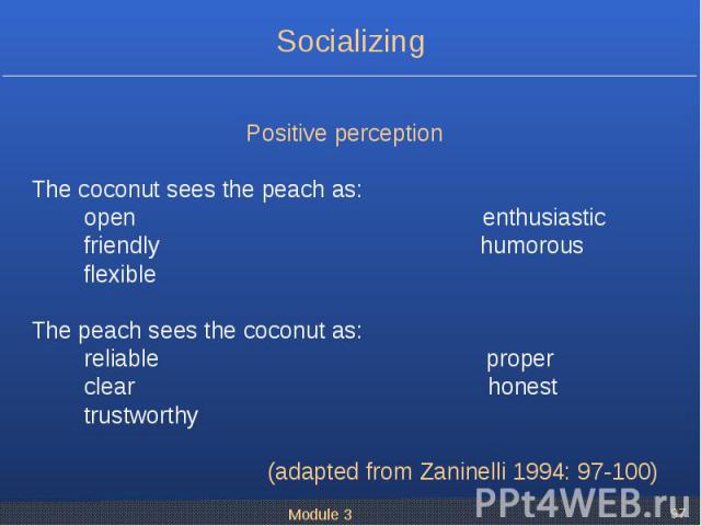 Positive perception Positive perception The coconut sees the peach as: open enthusiastic friendly humorous flexible The peach sees the coconut as: reliable proper clear honest trustworthy (adapted from Zaninelli 1994: 97-100)