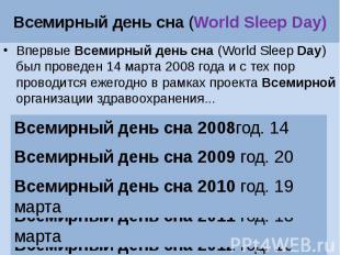 Всемирный день сна (World Sleep Day) Впервые Всемирный день сна (World Sleep Day