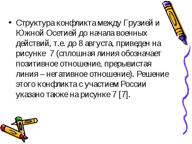 Структура конфликта между Грузией и Южной Осетией до начала военных действий, т.е. до 8 августа, приведен на рисунке 7 (сплошная линия обозначает позитивное отношение, прерывистая линия – негативное отношение). Решение этого конфликта с участием Рос…