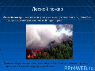 Лесной пожар – неконтролируемое горение растительности, стихийно распространяюще