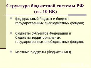 Структура бюджетной системы РФ (ст. 10 БК) федеральный бюджет и бюджет государст