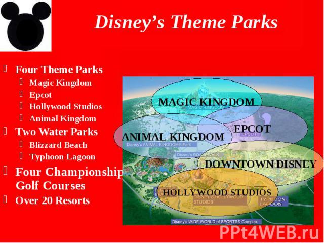 Disney’s Theme Parks Four Theme Parks Magic Kingdom Epcot Hollywood Studios Animal Kingdom Two Water Parks Blizzard Beach Typhoon Lagoon Four Championship Golf Courses Over 20 Resorts