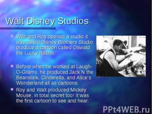 Walt Disney Studios Walt and Roy opened a studio it was called Disney Brothers S
