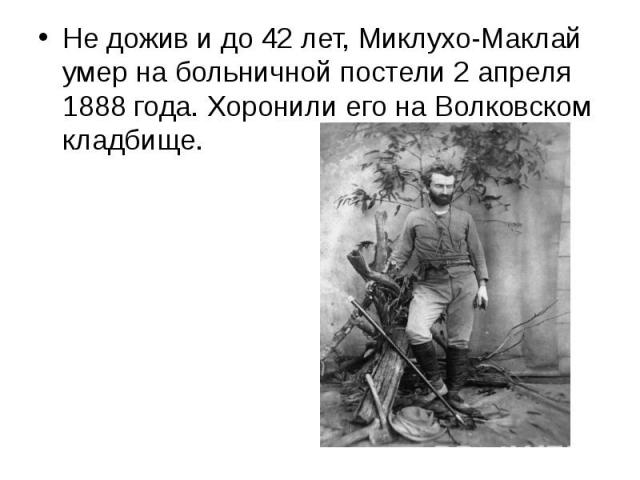 Не дожив и до 42 лет, Миклухо-Маклай умер на больничной постели 2 апреля 1888 года. Хоронили его на Волковском кладбище.