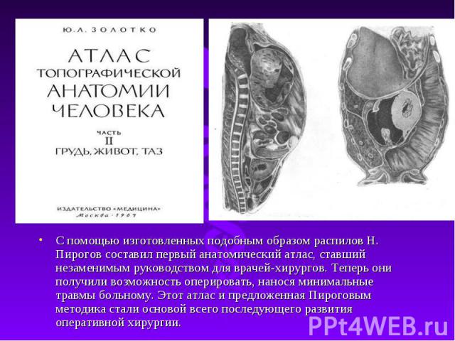 С помощью изготовленных подобным образом распилов Н. Пирогов составил первый анатомический атлас, ставший незаменимым руководством для врачей-хирургов. Теперь они получили возможность оперировать, нанося минимальные травмы больному. Этот атлас и пре…