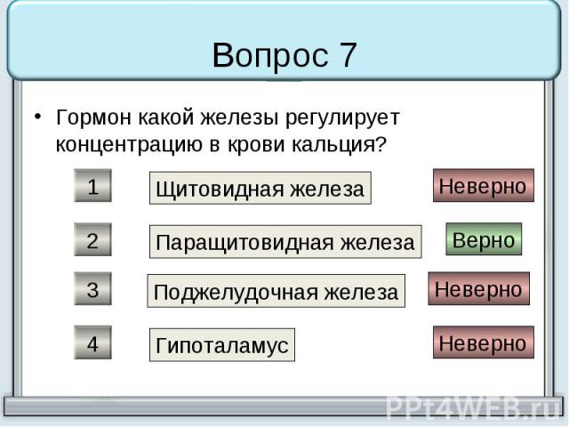 Вопрос 7 Гормон какой железы регулирует концентрацию в крови кальция?