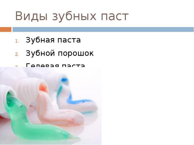 Виды зубных паст Зубная паста Зубной порошок Гелевая паста