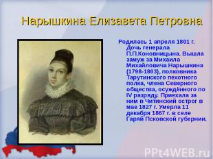 Родилась 1 апреля 1801 г. Дочь генерала П.П.Коновницына. Вышла замуж за Михаила