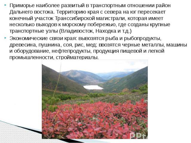 Приморье наиболее развитый в транспортным отношении район Дальнего востока. Территорию края с севера на юг пересекает конечный участок Транссибирской магистрали, которая имеет несколько выходов к морскому побережью, где созданы крупные транспортные …