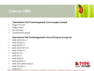 Список СМИ Приложение №3 Рекомендуемый список радиостанций Радио России Радио Ма