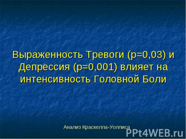 Выраженность Тревоги (р=0,03) и Депрессия (р=0,001) влияет на интенсивность Головной Боли