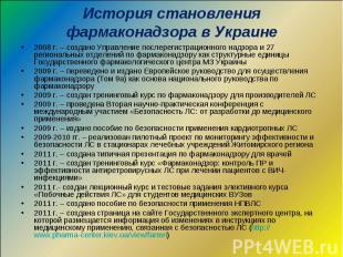 История становления фармаконадзора в Украине 2008 г. – создано Управление послер