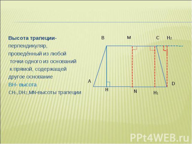 Высота трапеции- Высота трапеции- перпендикуляр, проведённый из любой точки одного из оснований к прямой, содержащей другое основание BH- высота CH1,DH2,MN-высоты трапеции