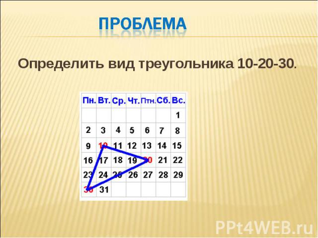 Определить вид треугольника 10-20-30. Определить вид треугольника 10-20-30.