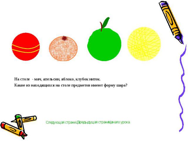 На столе - мяч, апельсин, яблоко, клубок ниток. На столе - мяч, апельсин, яблоко, клубок ниток. Какие из находящихся на столе предметов имеют форму шара?