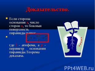 Если сторона основания a, число сторон n, то боковая поверхность пирамиды равна: