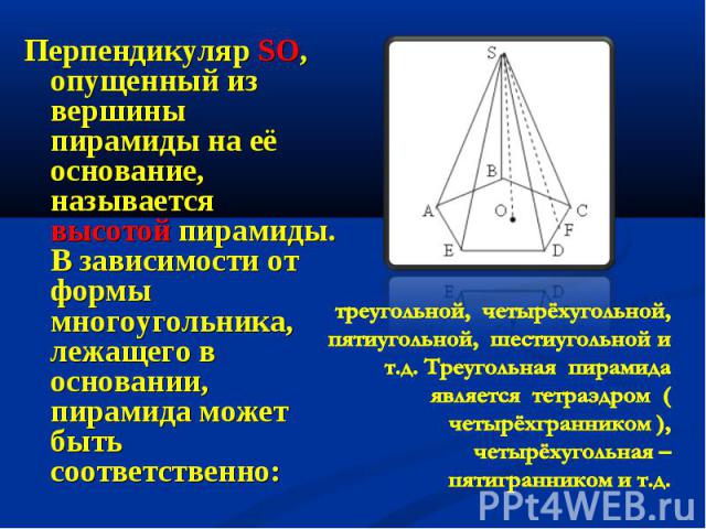 Перпендикуляр SO, опущенный из вершины пирамиды на её основание, называется высотой пирамиды. В зависимости от формы многоугольника, лежащего в основании, пирамида может быть соответственно: Перпендикуляр SO, опущенный из вершины пирамиды на её осно…