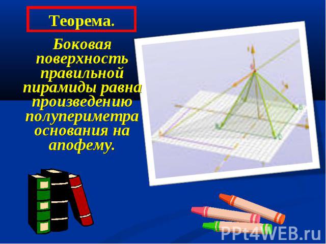 Боковая поверхность правильной пирамиды равна произведению полупериметра основания на апофему. Боковая поверхность правильной пирамиды равна произведению полупериметра основания на апофему.