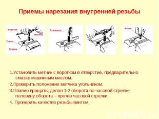 Приемы нарезания внутренней резьбы 1.Установить метчик с воротком в отверстие, п