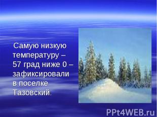 Самую низкую температуру – 57 град ниже 0 – зафиксировали в поселке Тазовский.