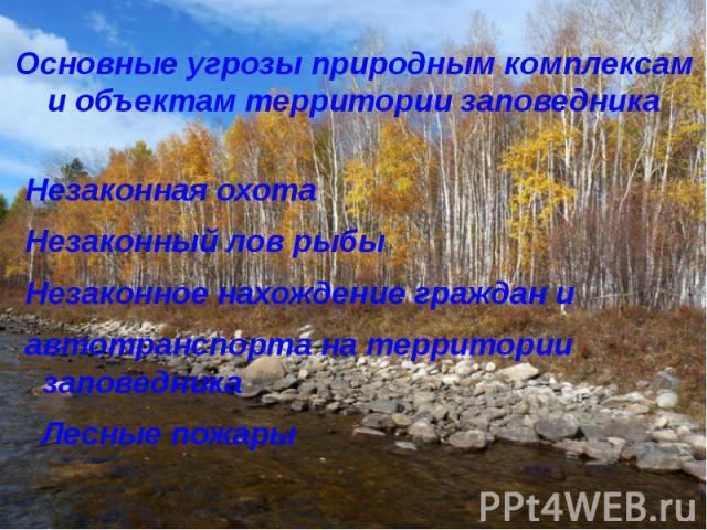 Основные угрозы природным комплексам и объектам территории заповедника Незаконная охота Незаконный лов рыбы Незаконное нахождение граждан и автотранспорта на территории заповедника Лесные пожары