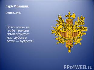 Ветки оливы на гербе Франции символизируют мир, дубовые ветви — мудрость. Ветки