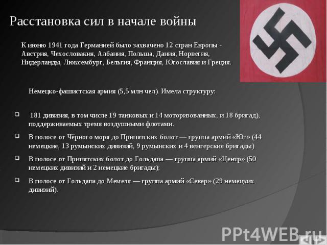 Немецко-фашистская армия (5,5 млн чел). Имела структуру: 181 дивизия, в том числе 19 танковых и 14 моторизованных, и 18 бригад), поддерживаемых тремя воздушными флотами. В полосе от Чёрного моря до Припятских болот — группа армий «Юг» (44 немецкие, …