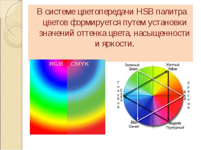 В системе цветопередачи HSB палитра цветов формируется путем установки значений оттенка цвета, насыщенности и яркости. В системе цветопередачи HSB палитра цветов формируется путем установки значений оттенка цвета, насыщенности и яркости.