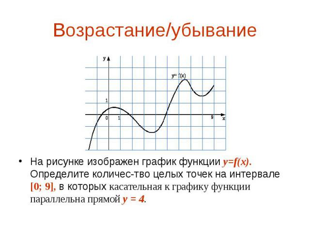 На рисунке изображен график функции y=f(x). Определите количес­тво целых точек на интервале [0; 9], в которых касательная к графику функции параллельна прямой y = 4. На рисунке изображен график функции y=f(x). Определите количес­тво целых то…