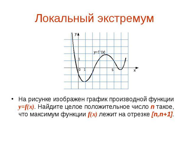 На рисунке изображен график производной функции y=f(x). Найдите целое положительное число n такое, что максимум функции f(x) лежит на отрезке [n,n+1]. На рисунке изображен график производной функции y=f(x). Найдите целое положительное число n такое,…