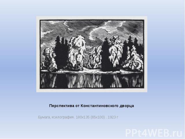 Перспектива от Константиновского дворца Бумага, ксилография. 180х135 (65х100) . 1923 г