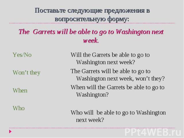 The Garrets will be able to go to Washington next week. The Garrets will be able to go to Washington next week.