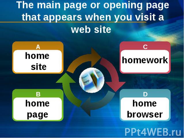 The main page or opening page that appears when you visit a web site