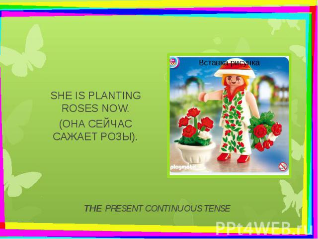 THE PRESENT CONTINUOUS TENSE SHE IS PLANTING ROSES NOW. (ОНА СЕЙЧАС САЖАЕТ РОЗЫ).