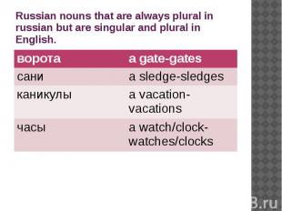 Russian nouns that are always plural in russian but are singular and plural in E