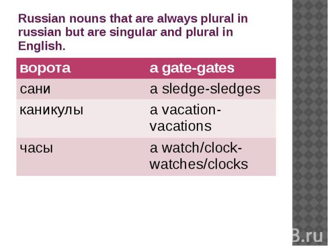 Russian nouns that are always plural in russian but are singular and plural in English.