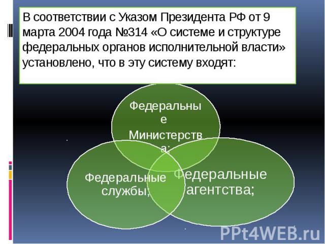 В соответствии с Указом Президента РФ от 9 марта 2004 года №314 «О системе и структуре федеральных органов исполнительной власти» установлено, что в эту систему входят: