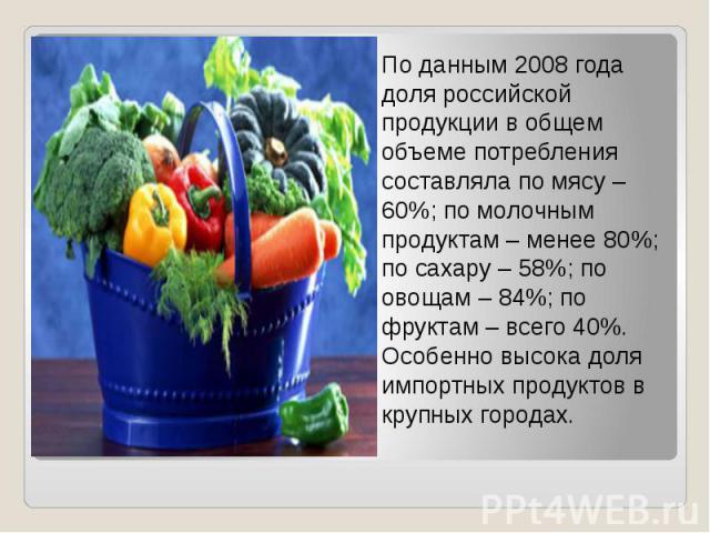 По данным 2008 года доля российской продукции в общем объеме потребления составляла по мясу – 60%; по молочным продуктам – менее 80%; по сахару – 58%; по овощам – 84%; по фруктам – всего 40%. Особенно высока доля импортных продуктов в крупных города…
