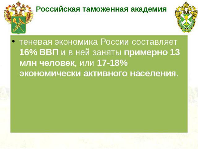 теневая экономика России составляет 16% ВВП и в ней заняты примерно 13 млн человек, или 17-18% экономически активного населения.