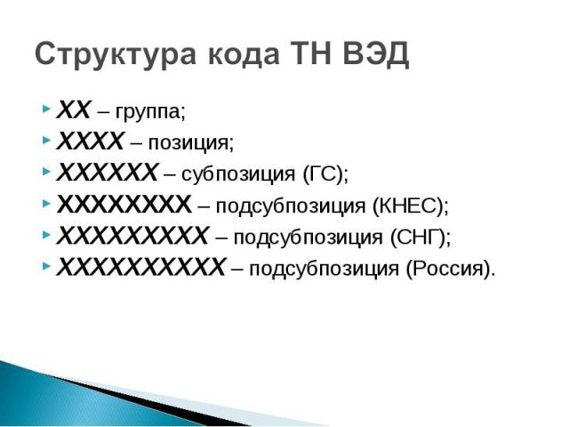 ХХ – группа; ХХ – группа; ХХХХ – позиция; ХХХХХХ – субпозиция (ГС); ХХХХХХХХ – подсубпозиция (КНЕС); ХХХХХХХХХ – подсубпозиция (СНГ); ХХХХХХХХХХ – подсубпозиция (Россия).