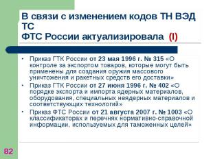 Приказ ГТК России от 23 мая 1996 г. № 315 «О контроле за экспортом товаров, кото
