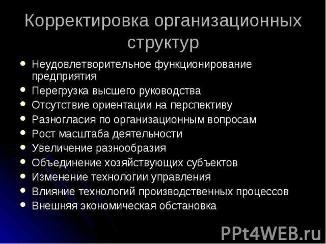 Неудовлетворительное функционирование предприятия Неудовлетворительное функционирование предприятия Перегрузка высшего руководства Отсутствие ориентации на перспективу Разногласия по организационным вопросам Рост масштаба деятельности Увеличение раз…