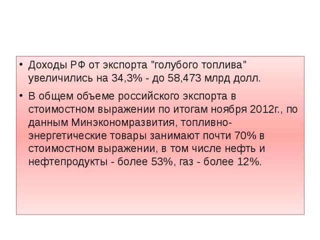 Доходы РФ от экспорта "голубого топлива" увеличились на 34,3% - до 58,473 млрд долл. В общем объеме российского экспорта в стоимостном выражении по итогам ноября 2012г., по данным Минэкономразвития, топливно-энергетические товары занимают …