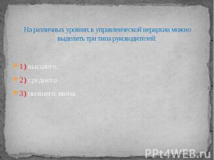 На различных уровнях в управленческой иерархии можно выделить три типа руководит