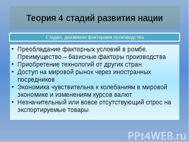 Теория 4 стадий развития нации Стадия, движимая факторами производства