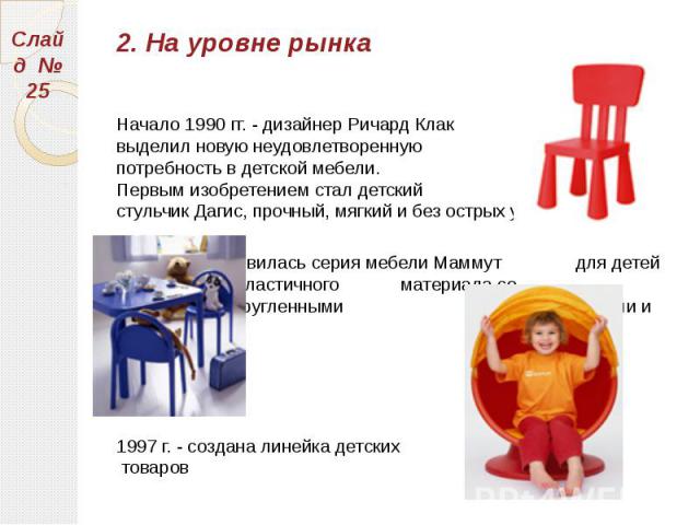 2. На уровне рынка 2. На уровне рынка Начало 1990 гг. - дизайнер Ричард Клак выделил новую неудовлетворенную потребность в детской мебели. Первым изобретением стал детский стульчик Дагис, прочный, мягкий и без острых углов 1994 г. - появилась серия …