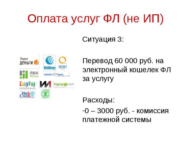 Ситуация 3: Ситуация 3: Перевод 60 000 руб. на электронный кошелек ФЛ за услугу Расходы: 0 – 3000 руб. - комиссия платежной системы