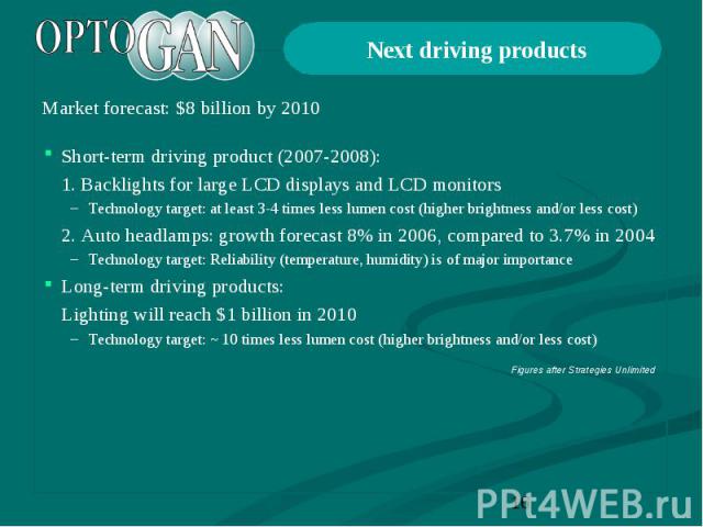Next driving products Market forecast: $8 billion by 2010
