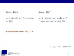 Август 2008 Август 2008 ок. 6&nbsp;349&nbsp;000 чел. (real users) ок. 14%